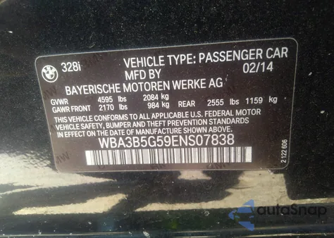 2014 BMW 328I xDrive from USA, damaged, VIN WBA3B5G59ENS07838